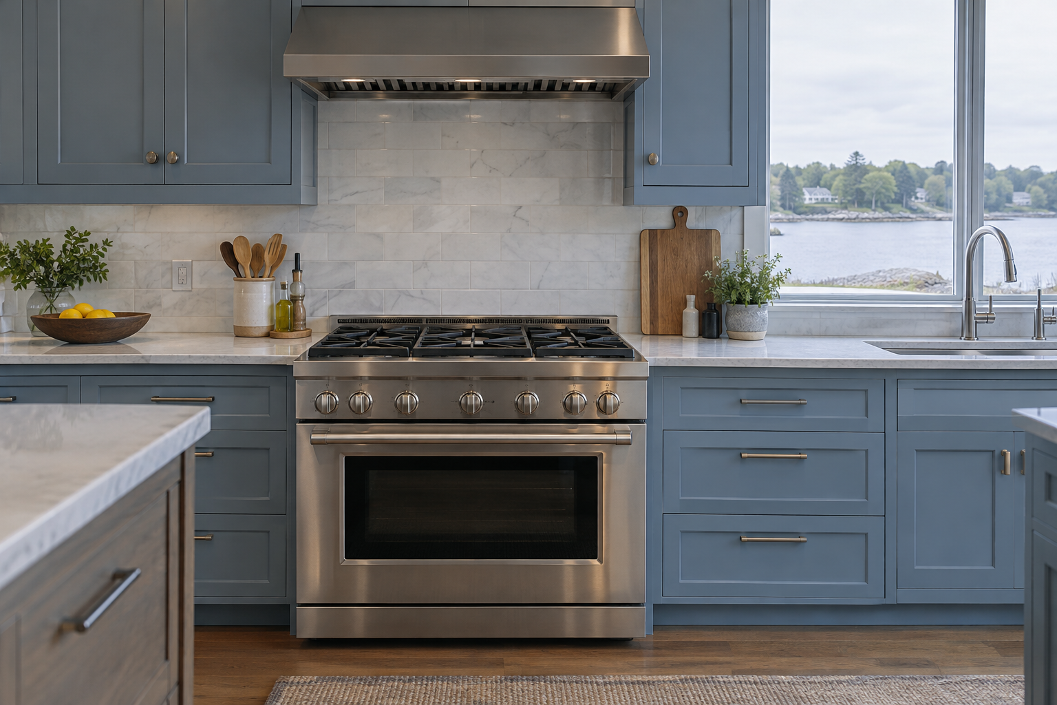 Illustrative Monogram range in a residential kitchen — AI image for Wolf Repair Old Greenwich