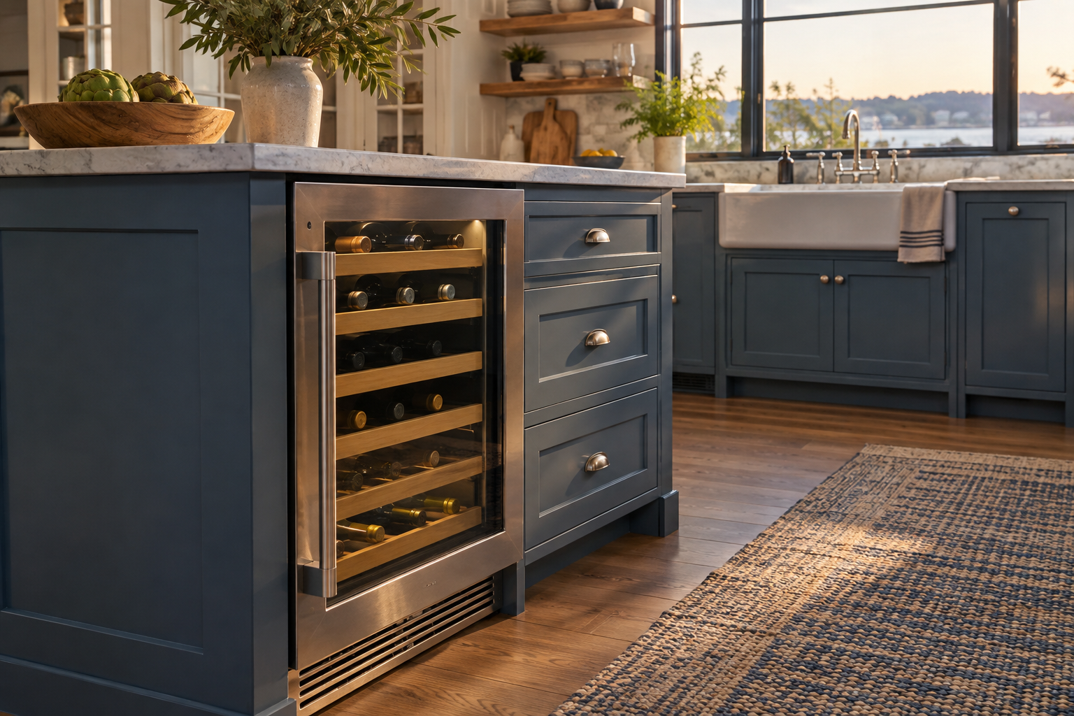 Illustrative Sub-Zero wine cooler in a residential kitchen — AI image for Wolf Repair Old Greenwich