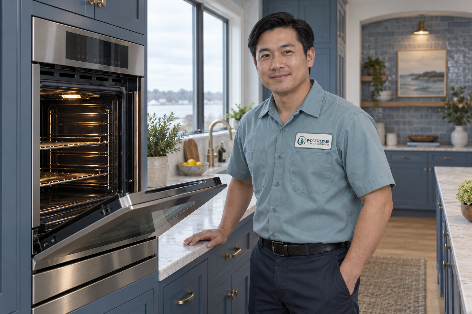 Fictional technician beside a Thermador oven — AI illustration for Wolf Repair Old Greenwich