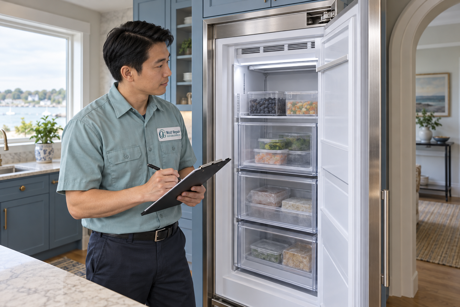 Fictional technician beside a Monogram freezer — AI illustration for Wolf Repair Old Greenwich