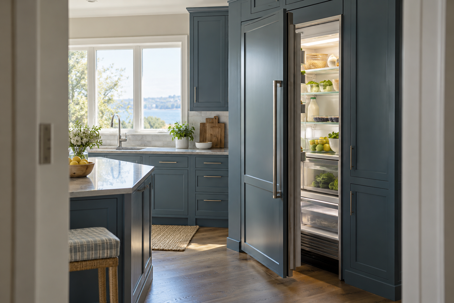 Illustrative Monogram refrigerator in a residential kitchen — AI image for Wolf Repair Old Greenwich