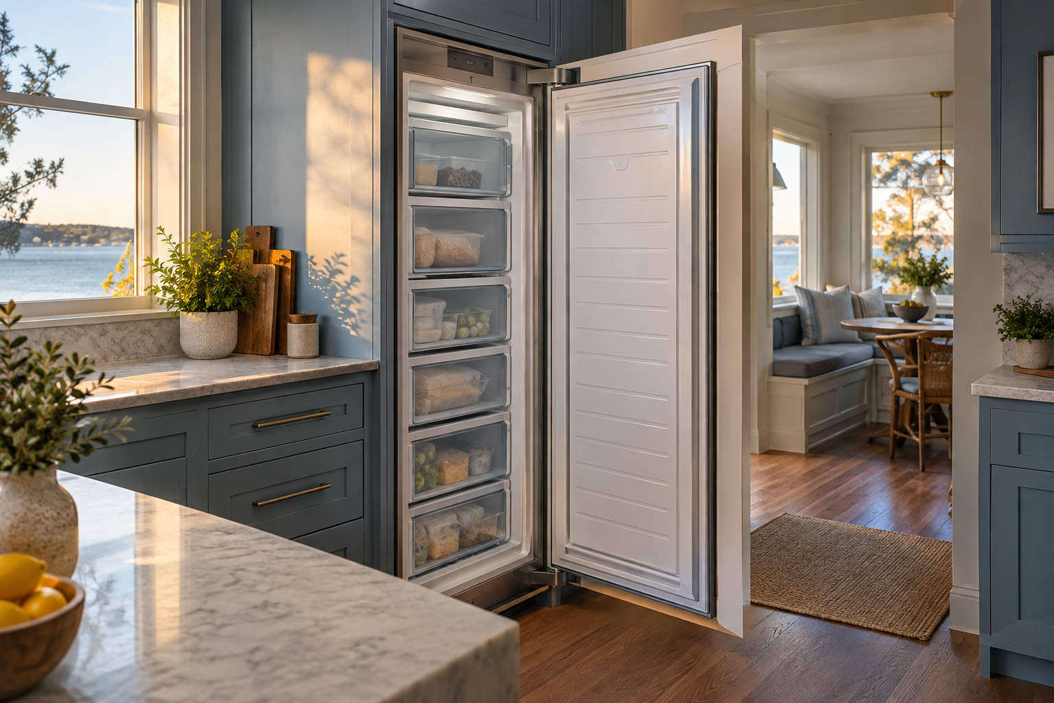 Illustrative Sub-Zero freezer in a residential kitchen — AI image for Wolf Repair Old Greenwich