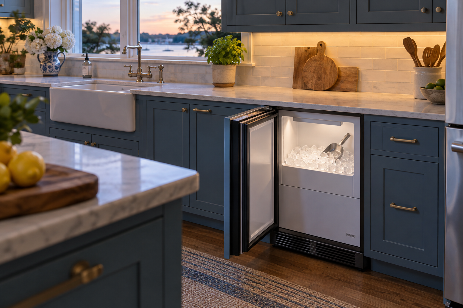 Illustrative Sub-Zero ice maker in a residential kitchen — AI image for Wolf Repair Old Greenwich