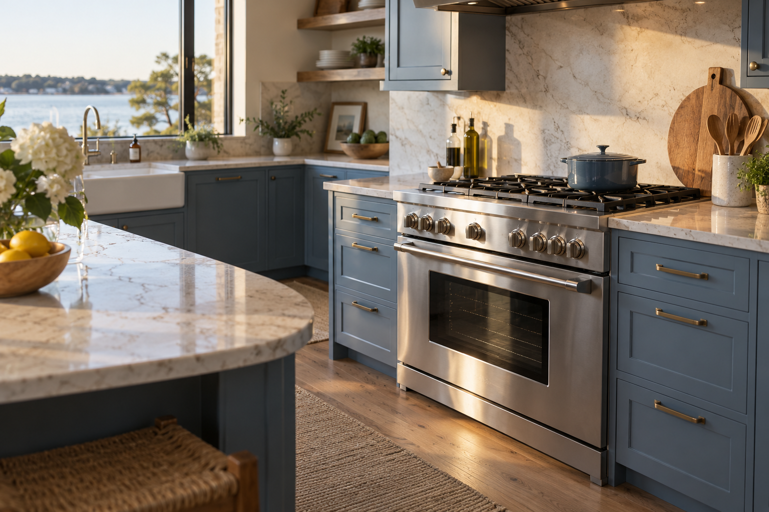 Illustrative Thermador range in a residential kitchen — AI image for Wolf Repair Old Greenwich