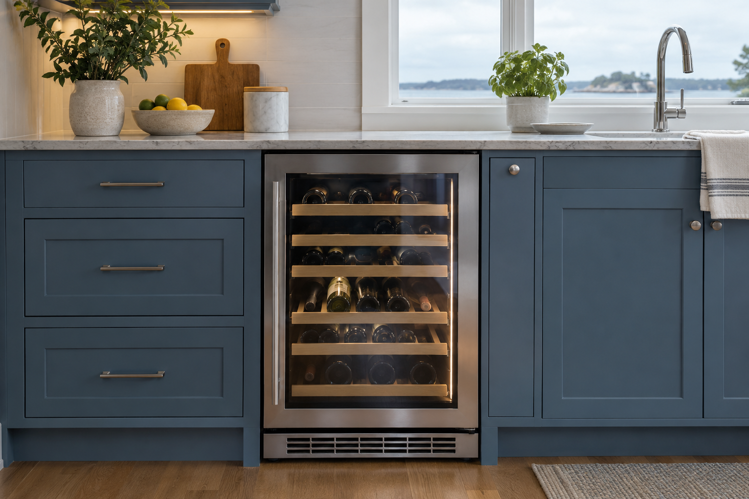 Illustrative Thermador wine cooler in a residential kitchen — AI image for Wolf Repair Old Greenwich